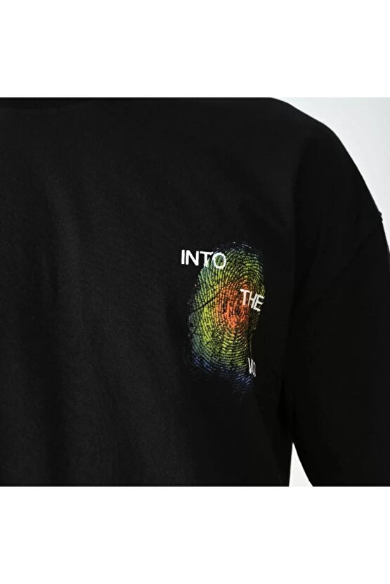 Moda Shop & Butik Unisex Bisiklet Yaka Baskılı Oversize T-shirt - Siyah