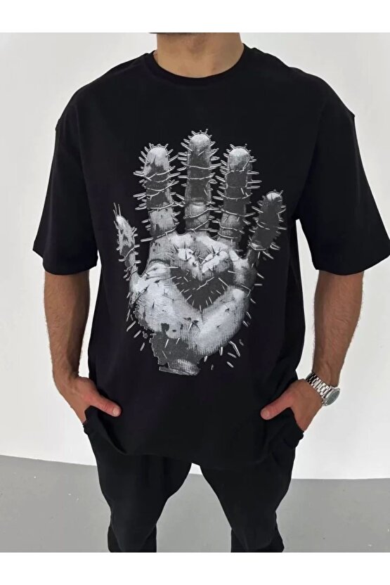 Unisex Bisiklet Yaka Baskılı Oversize T-Shirt - Siyah