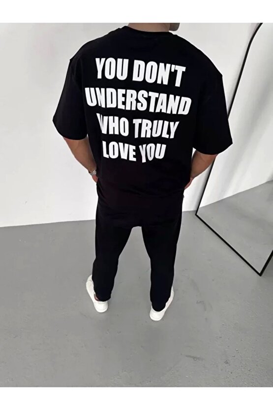 Unisex Bisiklet Yaka Baskılı Oversize T-Shirt - Siyah