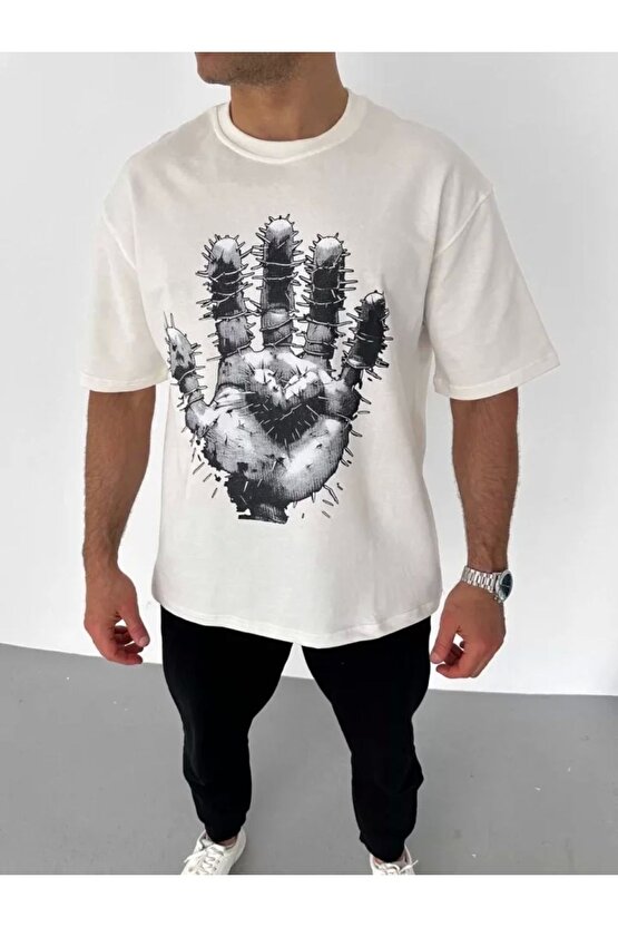 Unisex Bisiklet Yaka Baskılı Oversize T-Shirt - Beyaz