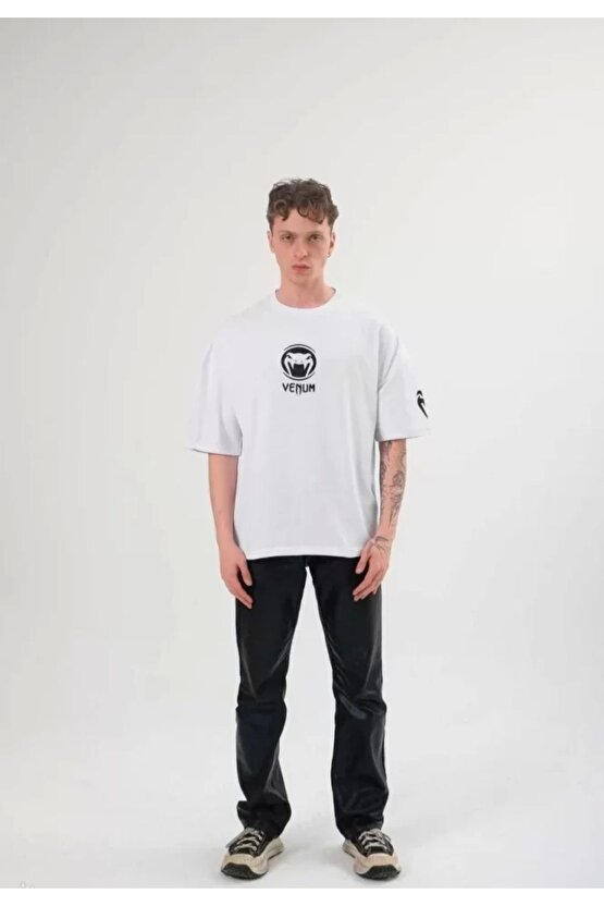 Unisex Bisiklet Yaka Baskılı Oversize T-Shirt - Beyaz