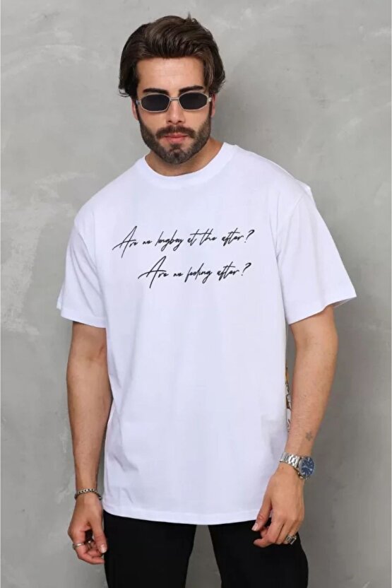 Ahes Shopping Unisex Bisiklet Yaka Baskılı Oversize T-shirt - Beyaz