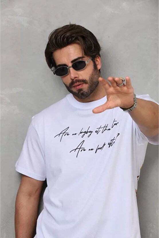 Ahes Shopping Unisex Bisiklet Yaka Baskılı Oversize T-shirt - Beyaz