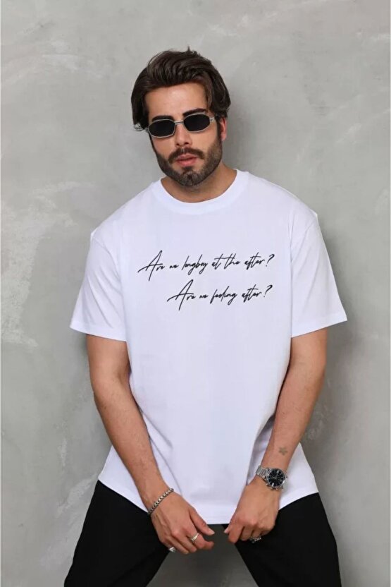 Ahes Shopping Unisex Bisiklet Yaka Baskılı Oversize T-shirt - Beyaz