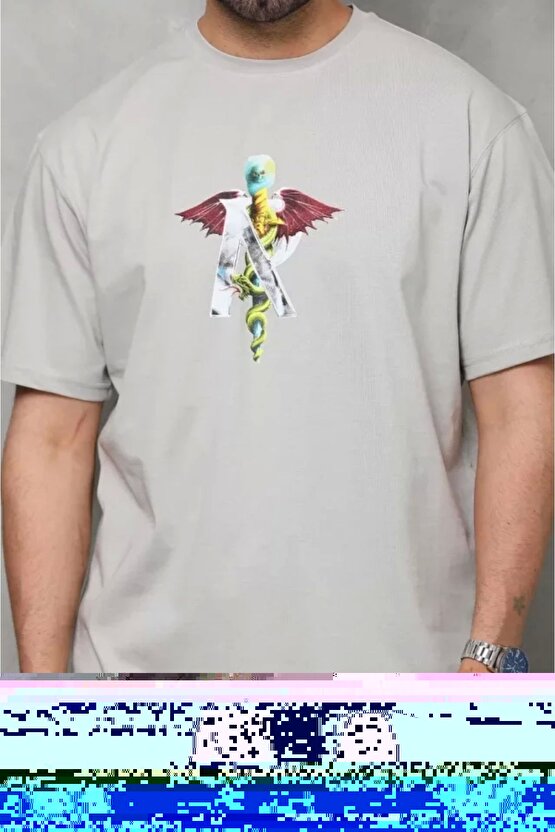 Unisex Bisiklet Yaka Baskılı Oversize T-Shirt - Gri