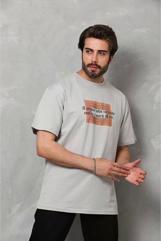 eyesof Unisex Bisiklet Yaka Baskılı Oversize T-Shirt - Gri