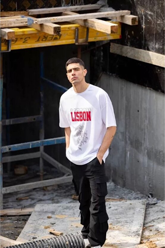 Unisex Bisiklet Yaka Baskılı Oversize T-Shirt - Beyaz