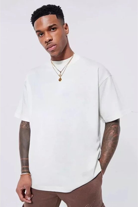 Unisex Basic Bisiklet Yaka Oversize T-shirt - Beyaz