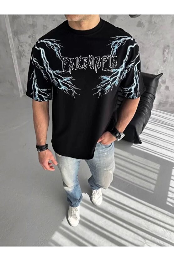 Unisex Bisiklet Yaka Baskılı Oversize T-Shirt - Siyah