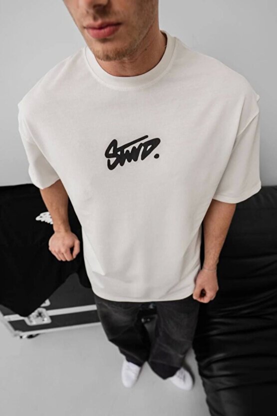 Myterrax Erkek Baskılı Oversize T-shirt - Beyaz