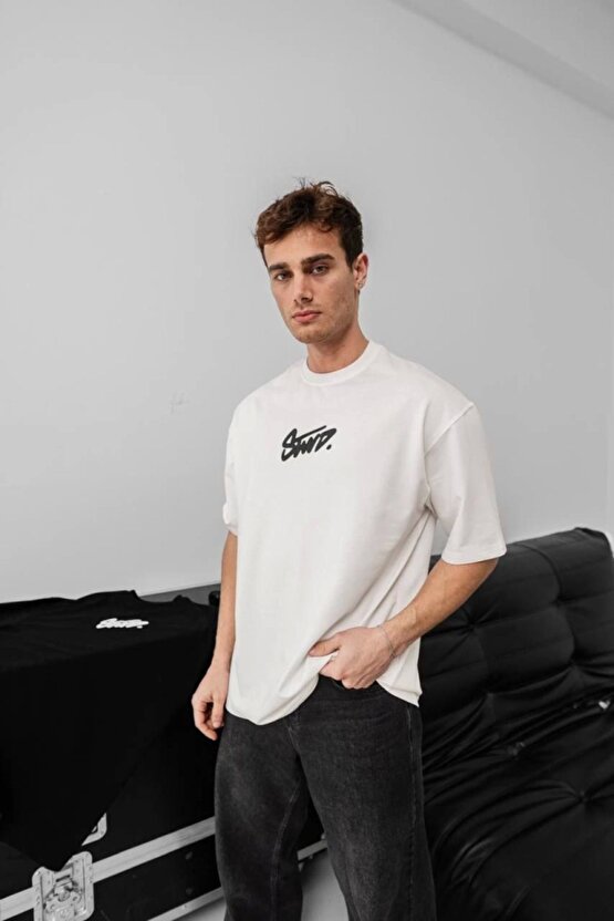 Myterrax Erkek Baskılı Oversize T-shirt - Beyaz