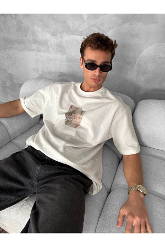 Erkek Ön Ve Arka Baskılı Oversize Bisiklet Yaka T-shirt - Beyaz