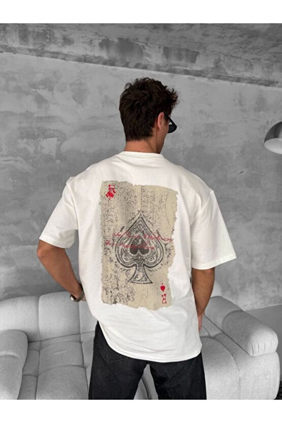 Erkek Ön Ve Arka Baskılı Oversize Bisiklet Yaka T-shirt - Beyaz