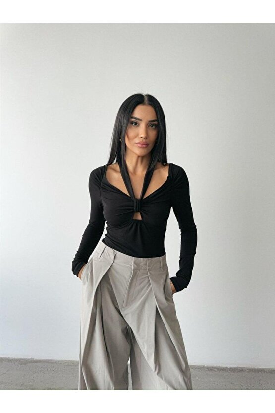 Mra Fashion Sandy Bodysuit Önden Bağlama Detaylı - Siyah