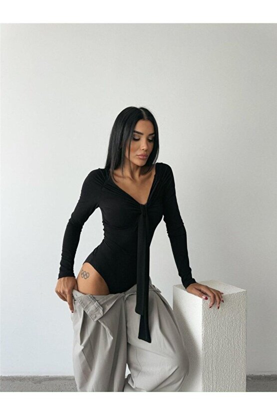 Mra Fashion Sandy Bodysuit Önden Bağlama Detaylı - Siyah