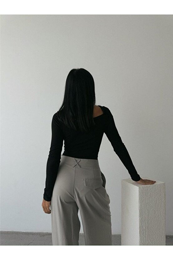 Mra Fashion Sandy Bodysuit Önden Bağlama Detaylı - Siyah