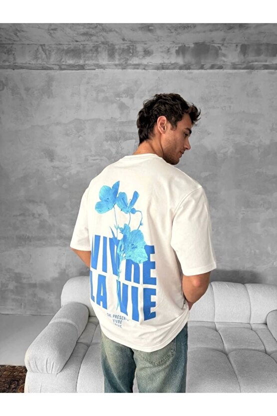 Ön ve Arka Baskılı Oversize Bisiklet Yaka T-shirt- Beyaz