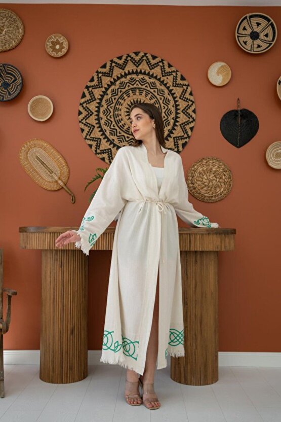 Moda Shop & Butik Yeşil Baskı Detay Keten Hırka