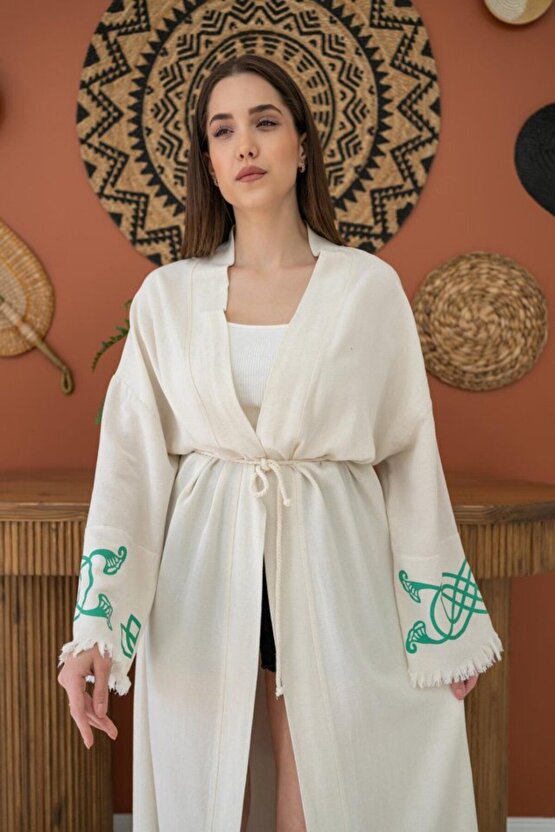 Moda Shop & Butik Yeşil Baskı Detay Keten Hırka