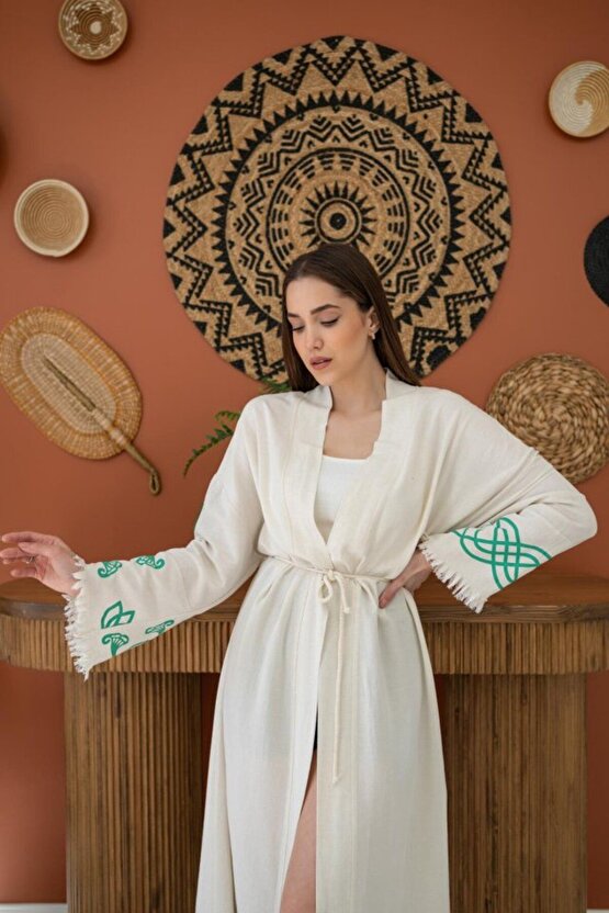 Moda Shop & Butik Yeşil Baskı Detay Keten Hırka
