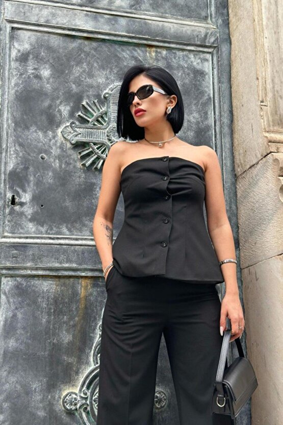 Myterrax Siyah Straplez Düğmeli Crop Ve Pantolon Takım