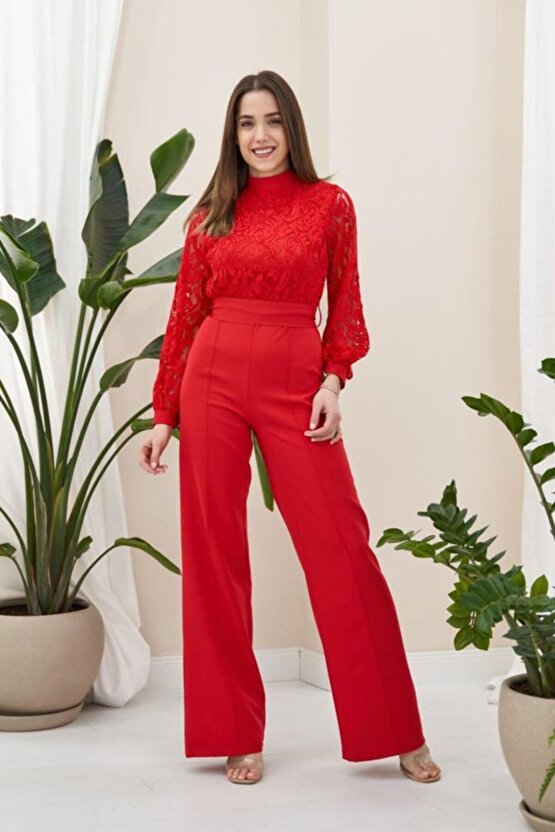 Moda Shop & Butik Kırmızı Üstü Dantel Tulum