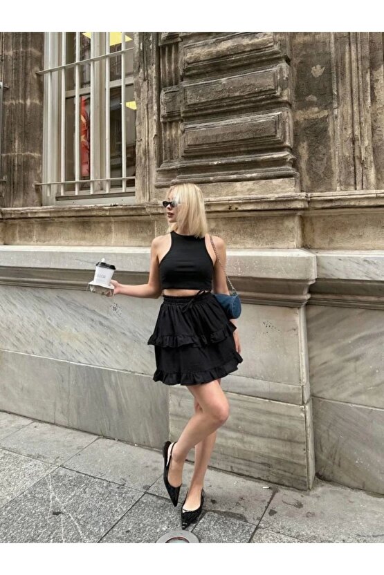 BEL LASTİKLİ KAT FIRFIR DETAYLI KISA ETEK - Siyah