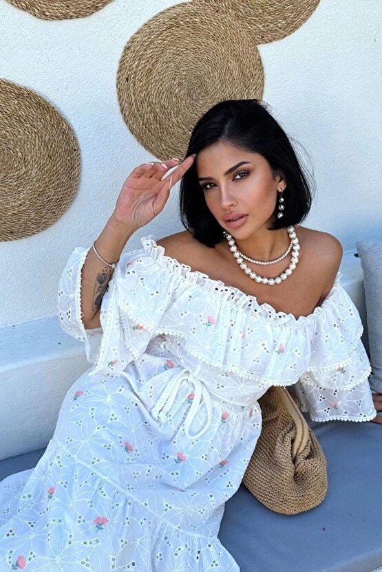 eyesof Pembe Omuzları Lastikli Brode Elbise