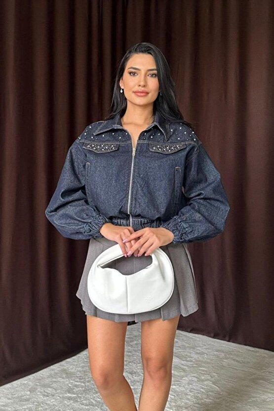 Ahes Shopping Mavi Taşlı Kısa Kot Ceket
