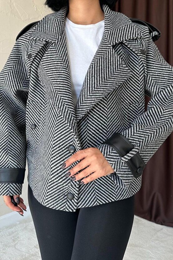 Moda Shop & Butik Gri Çizgili Deri Garnili Ceket