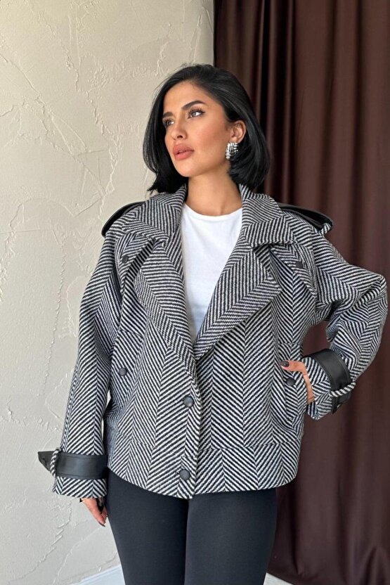 Moda Shop & Butik Gri Çizgili Deri Garnili Ceket