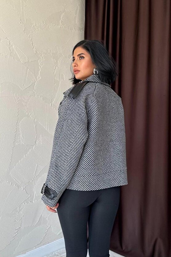 Moda Shop & Butik Gri Çizgili Deri Garnili Ceket