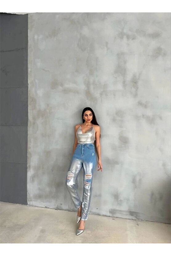 DİZ YIRTIK VARAKLI MOM KOT PANTOLON  Gümüş