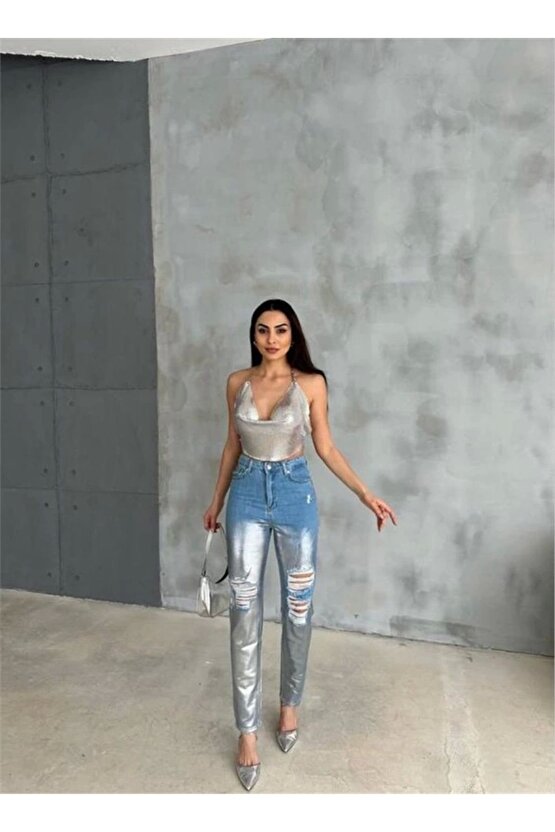 DİZ YIRTIK VARAKLI MOM KOT PANTOLON  Gümüş