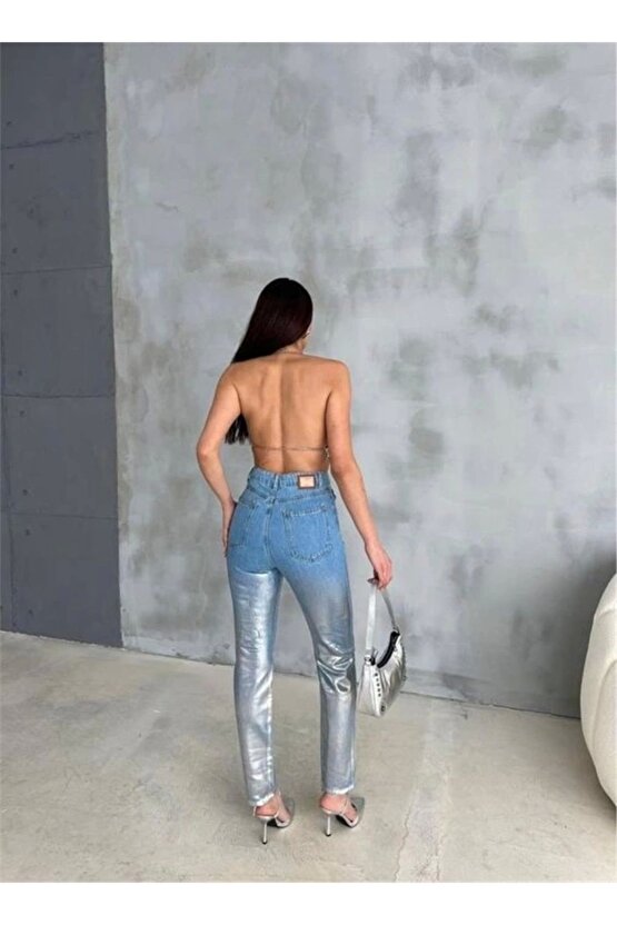 DİZ YIRTIK VARAKLI MOM KOT PANTOLON  Gümüş