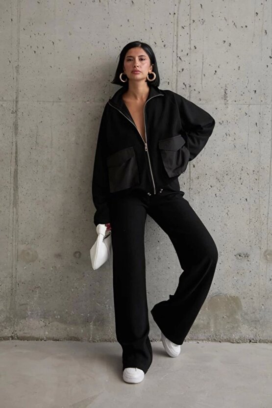 Siyah Cepli Triko Ceket Ve Pantolon Takım