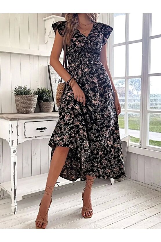 Kadın Kısa Kollu Kruvaze Yaka Beli Lastikli çiçek Desenli Elbise