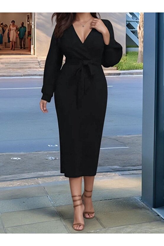 Moda Shop & Butik Kadın Uzun Kollu Kruvaze Yaka Belden Kuşaklı Midi Ithal Krep Elbise