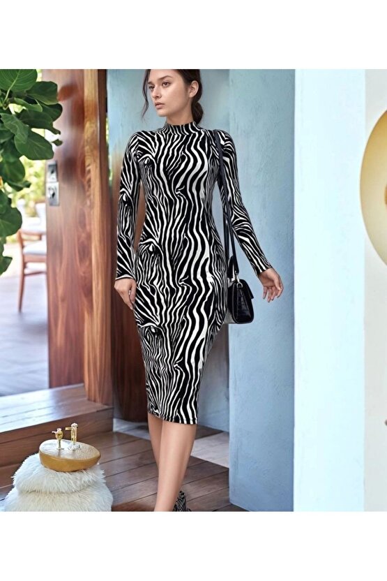 Kadın Zebra Desen Süet Kumaş Fırsat Ürün Midi Boy Elbise