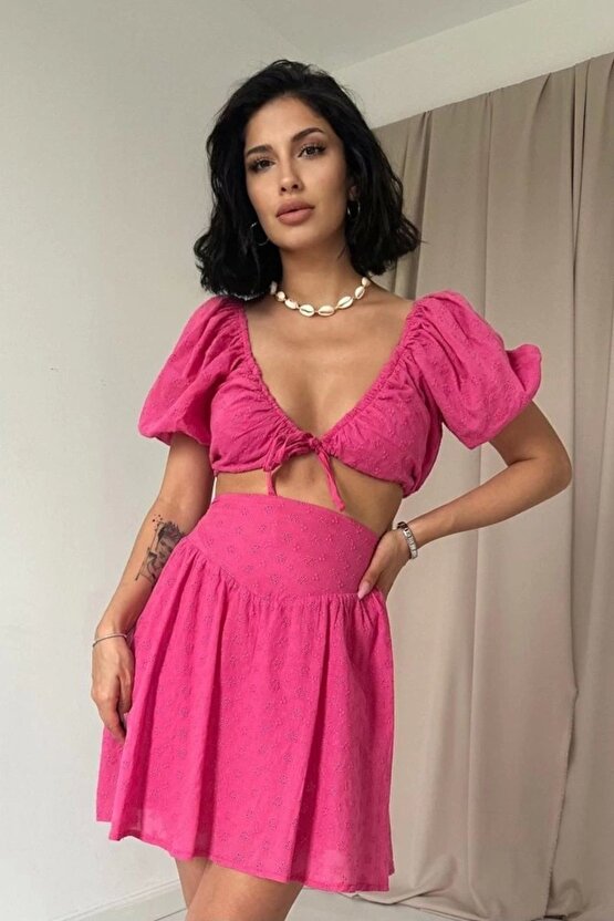 Fuşya Brode Crop Ve ini Etek Takım