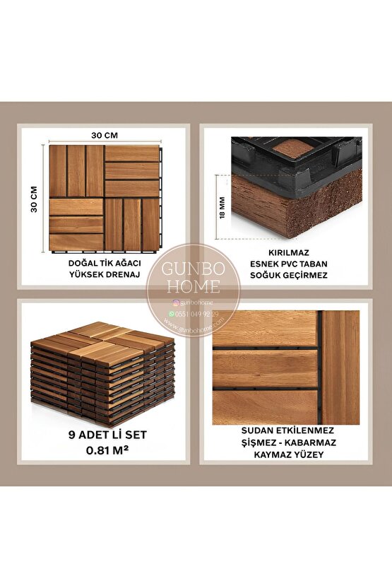 5 Koli Tik Ağacı Parke Balkon Teras Yer Döşemesi Masif Ahşap 5x9 =45 Adet