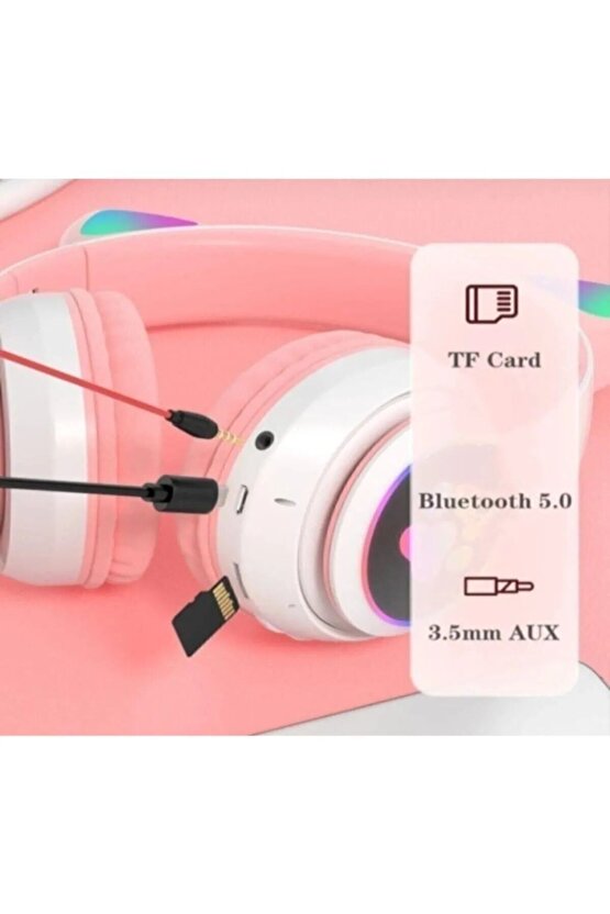 Lila Mor Stn28 Bluetooth Kulaklık 2 Yıl Kablosuz Bluetooth 5.0 Uyumlu Led Işıklı Kedili Şık