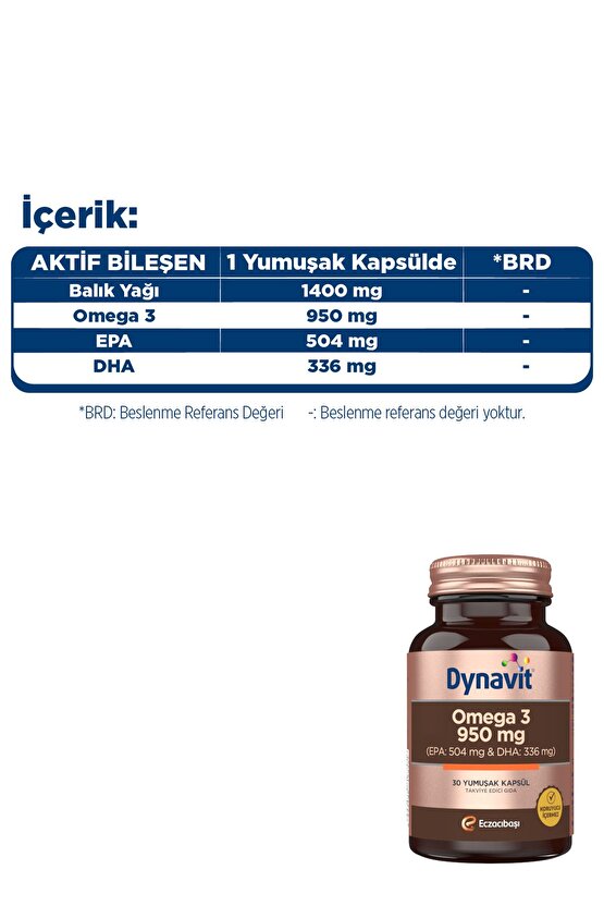 Omega 3 950 mg 30 Yumuşak Kapsül - 1400mg Balık Yağı Yüksek EPA ve DHA