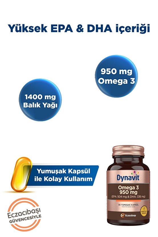 Omega 3 950 mg 30 Yumuşak Kapsül - 1400mg Balık Yağı Yüksek EPA ve DHA