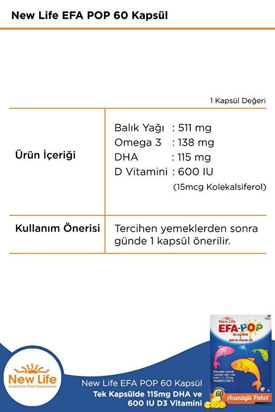 Efa Pop 60 Çiğnenebilir Balık Yağı Kapsülü - 138mg Omega3 - 115mg DHA - 600 IU D3 Vitamini