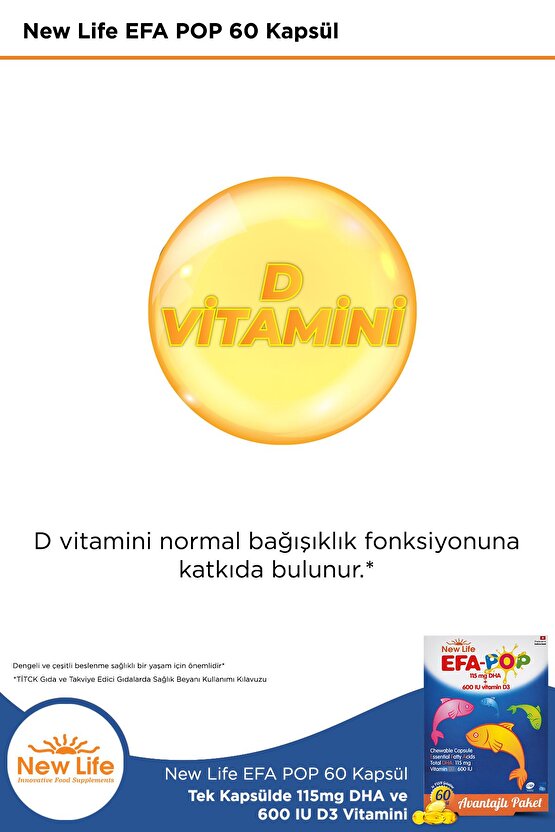 Efa Pop 60 Çiğnenebilir Balık Yağı Kapsülü - 138mg Omega3 - 115mg DHA - 600 IU D3 Vitamini