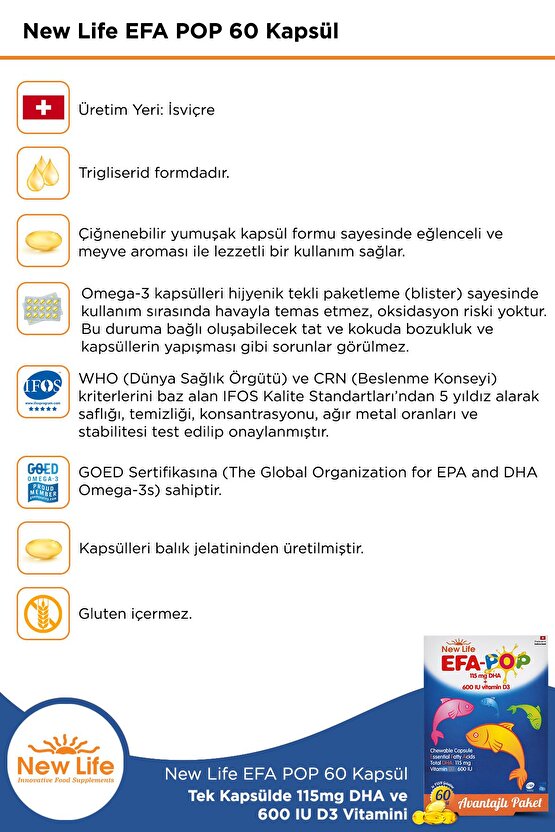 Efa Pop 60 Çiğnenebilir Balık Yağı Kapsülü - 138mg Omega3 - 115mg DHA - 600 IU D3 Vitamini