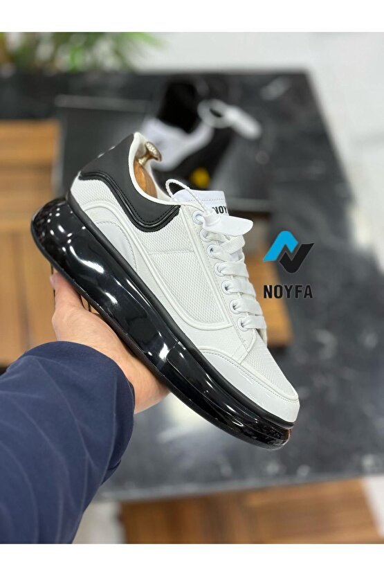 Noyfa Unisex Siyah Beyaz Nefes Alabilen Bağcıklı Spor Ayakkabı