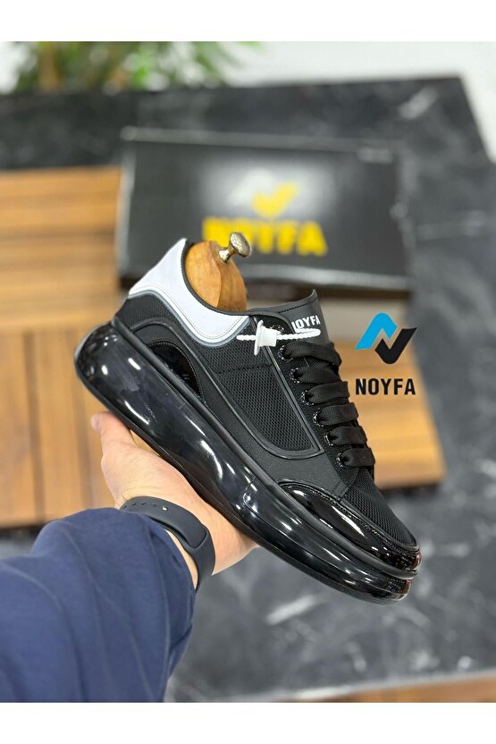 Noyfa Unisex Siyah Beyaz Nefes Alabilen Bağcıklı Spor Ayakkabı
