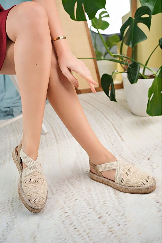Linen Krem Burnu Kapalı Lastikli Triko Sandalet B-1
